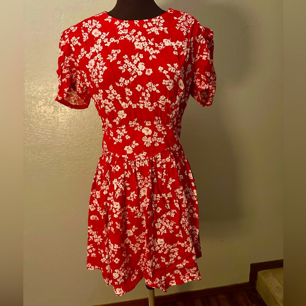 Vintage 1980s Red and White Floral Basque Waist Mini Dress M